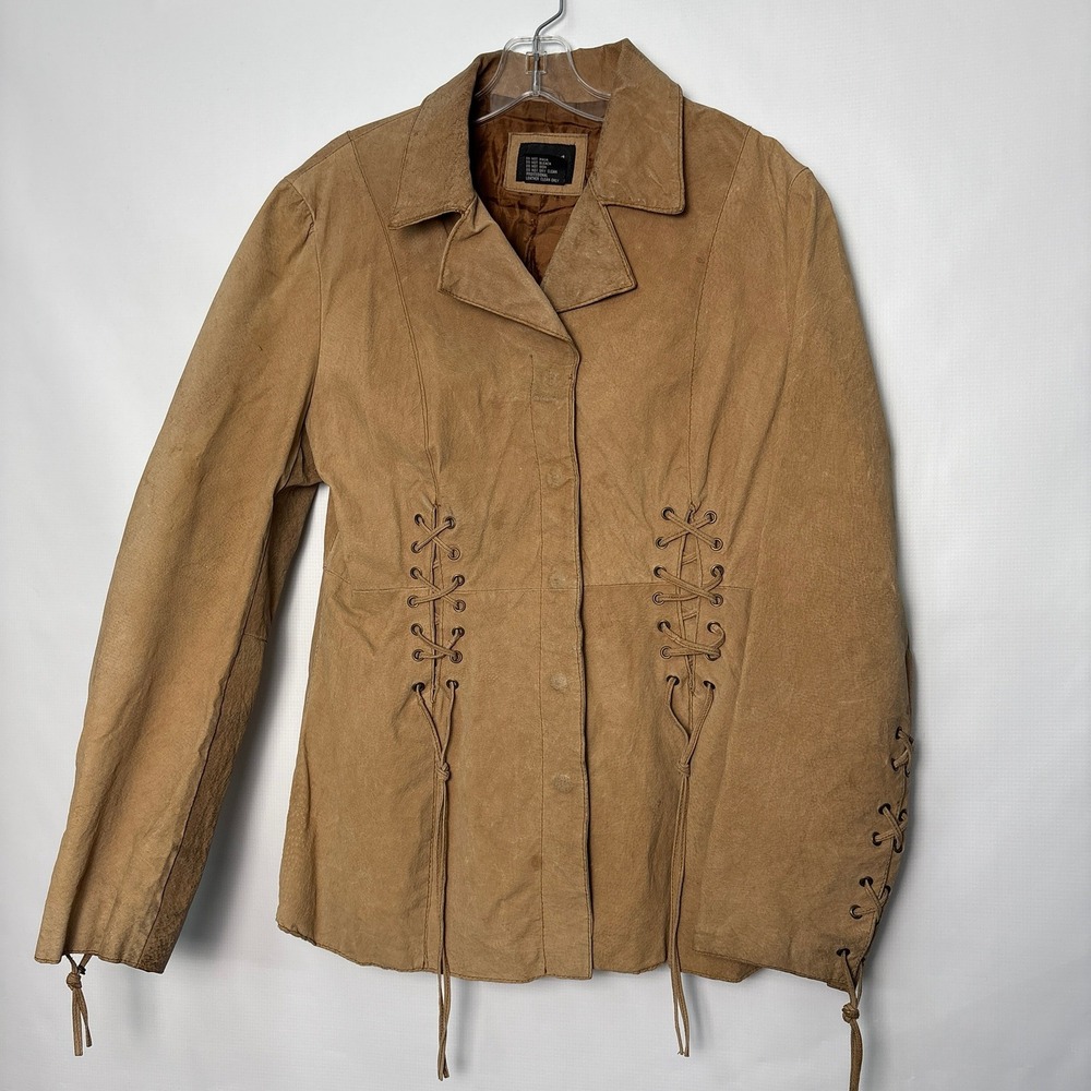 Vtg rue21 Womens XL Tan Suede Leather Lace Up Corset Jacket Western Boho
